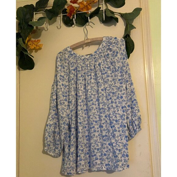 Crown & Ivy Women’s Top 2X Blue White Floral Peasant Blouse Boho Tunic Long Slee - Picture 2 of 12